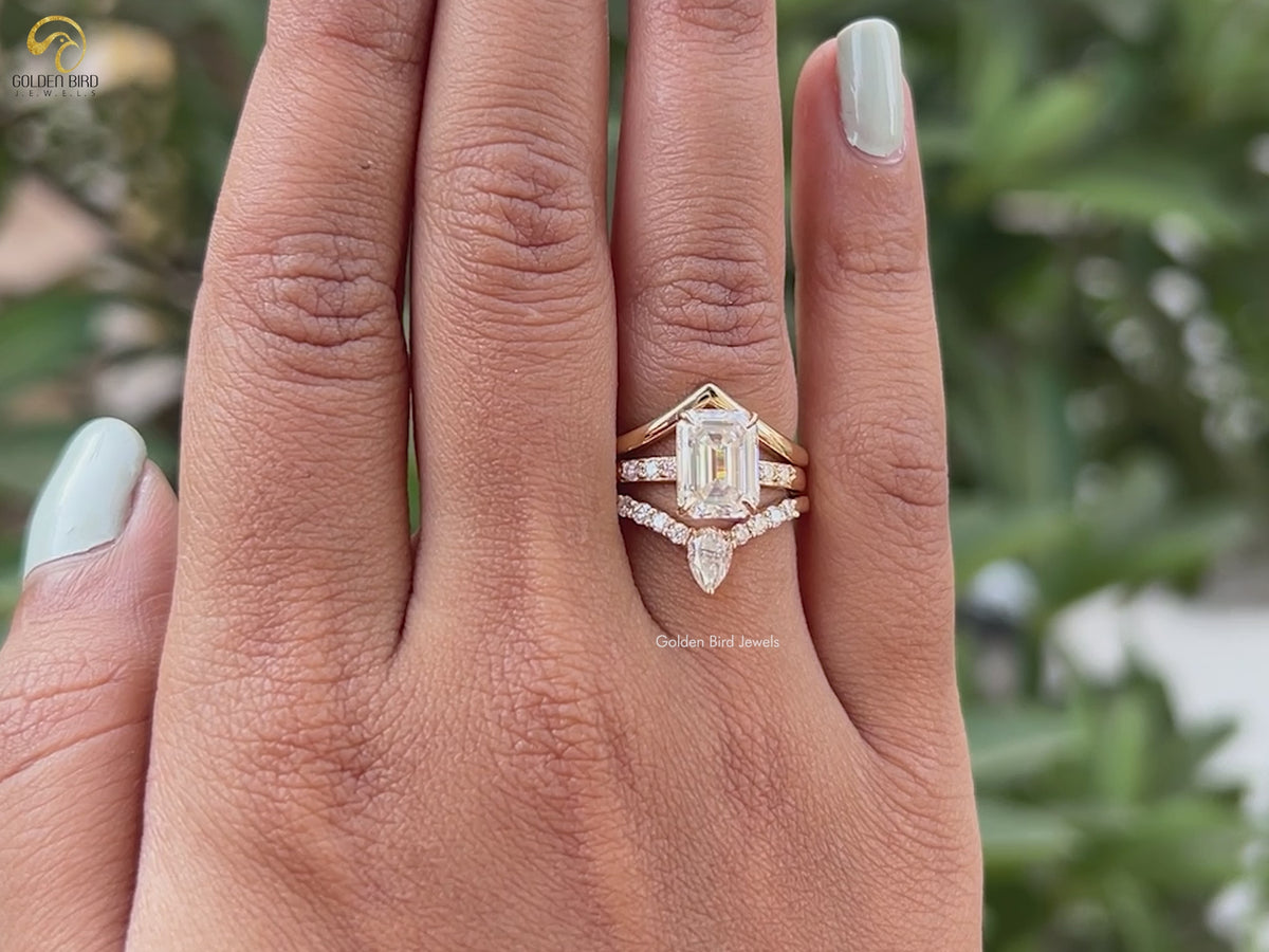 Smaragd Moissanit Braut Trio Ring Gebogenes Band Set