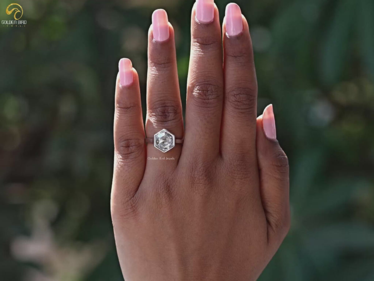 Rose Cut Hexagon Moissanite Engagement Ring