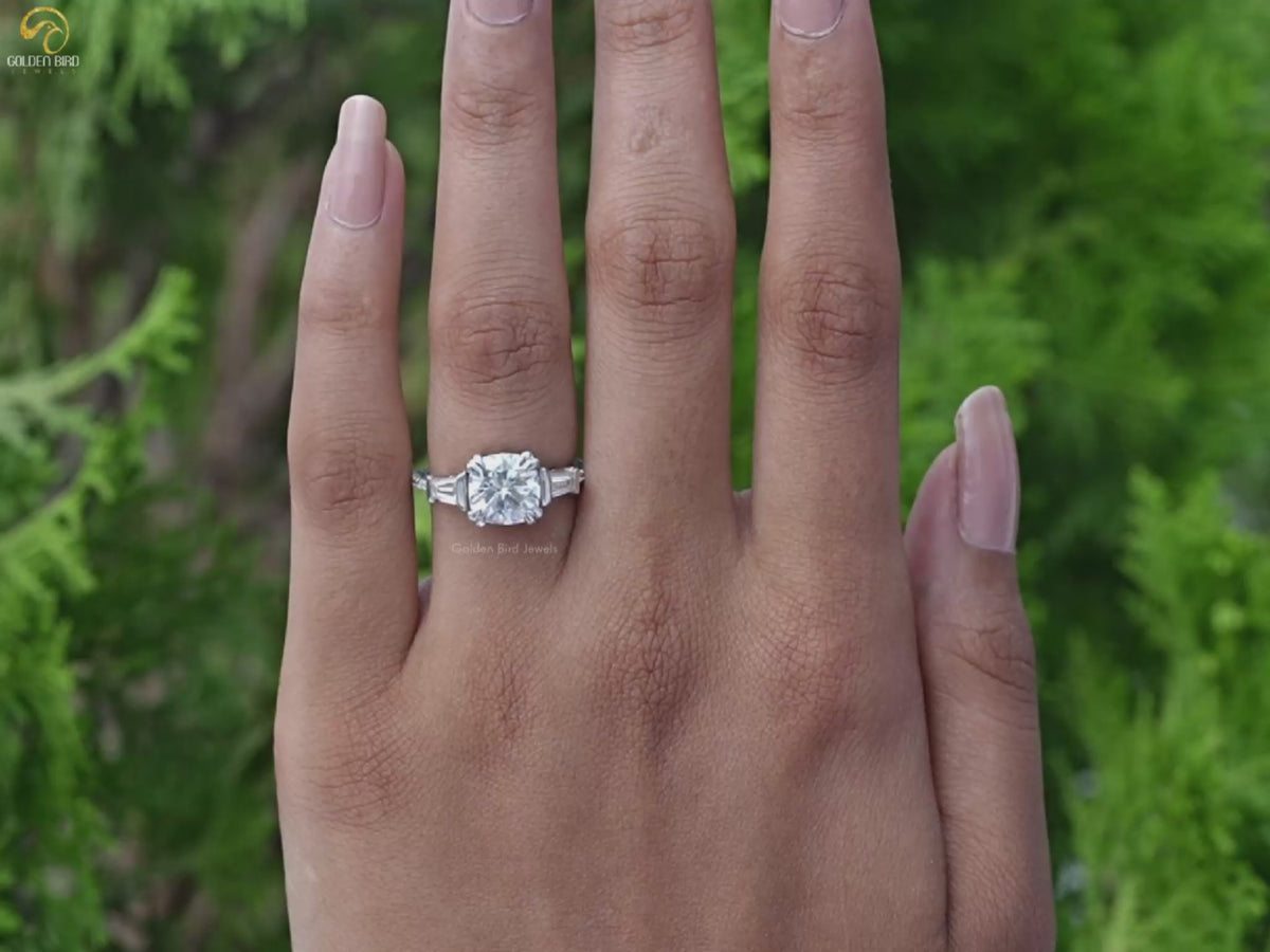 Cushion Moissanite Three Stone Engagement Ring