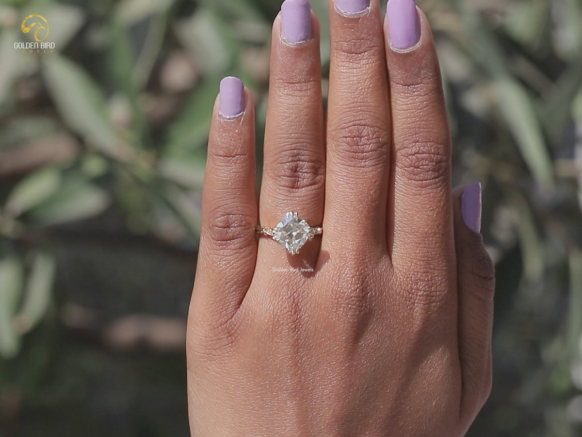 Off White Old Mine Cushion Cut Moissanite Ring