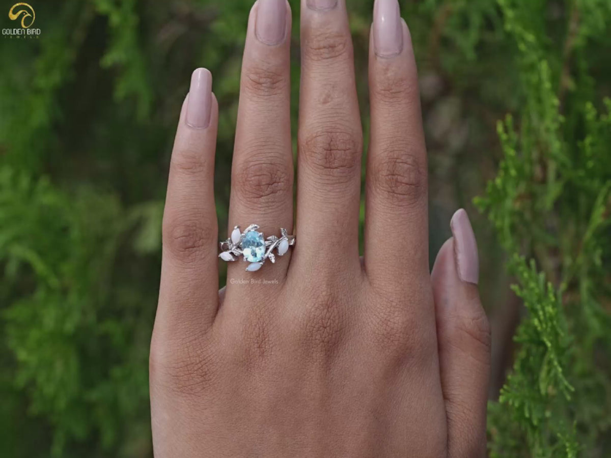 Aquamarine Oval Gemstone Leaf Style Ring