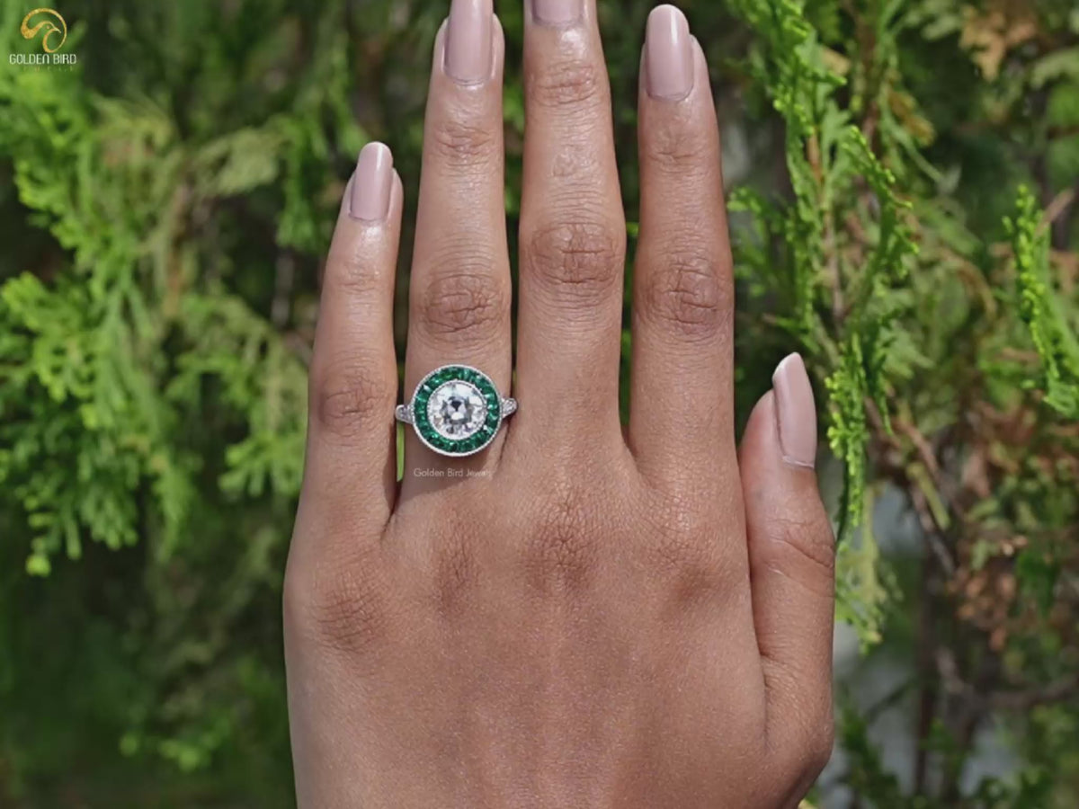 Old European Round Moissanite Halo Engagement Ring