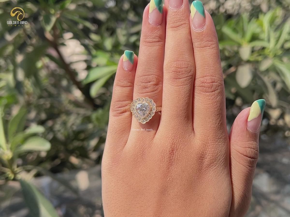 Heart Cut Halo Moissanite Engagement Ring