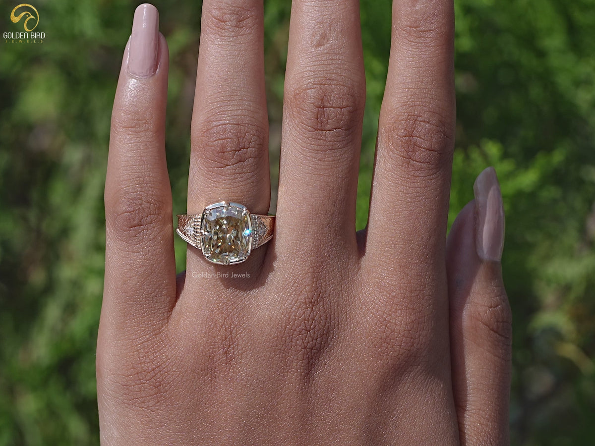 Filigree Yellow Elongated Cushion Moissanite Ring