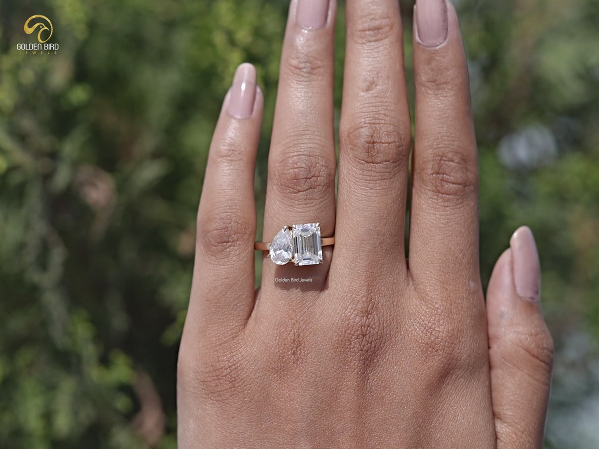 Pear And Emerald Cut Moissanite Two Stone Ring