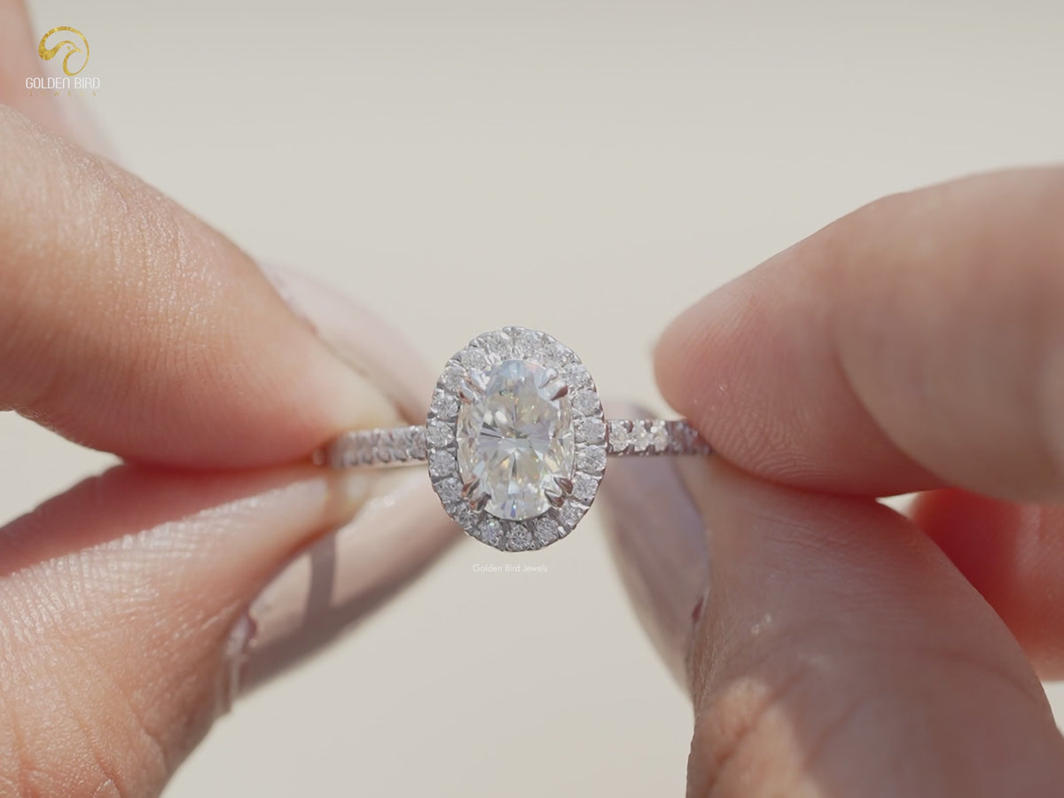 Crushed Ice Oval Moissanite Halo Accent Ring