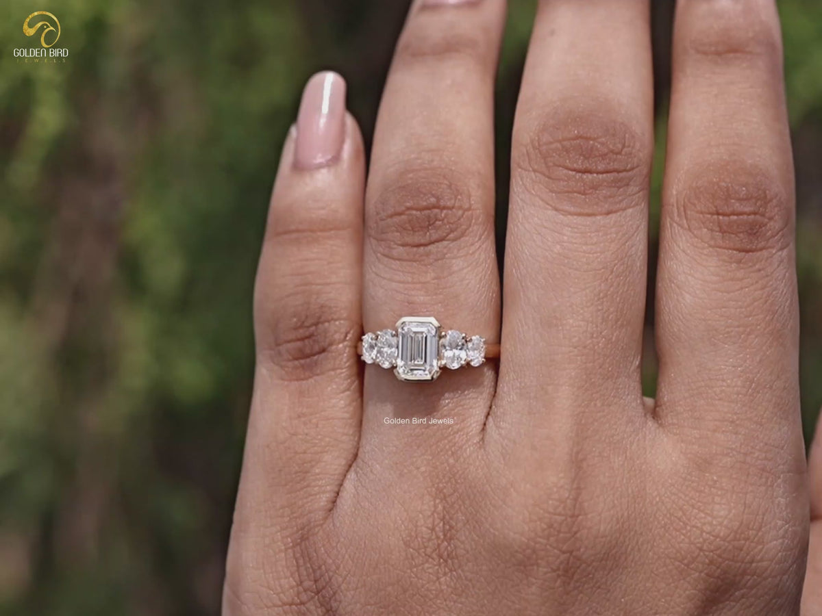 Emerald And Oval Lab Diamond Five Stone Ring
