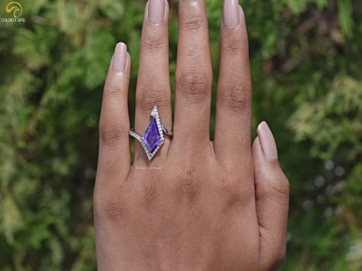 Purple Amethyst Kite Gemstone Halo Accent Ring
