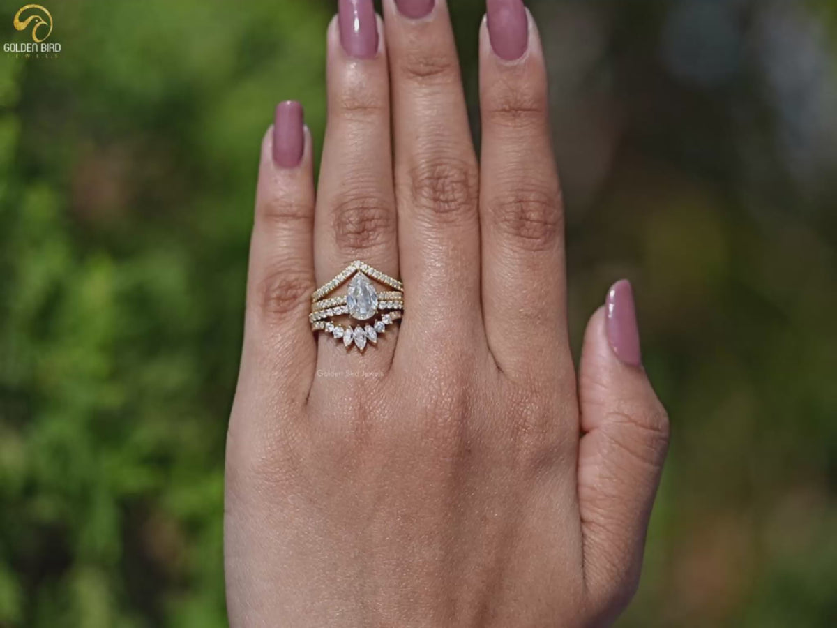 Rose Cut Pear Moissanite Bridal Ring Set