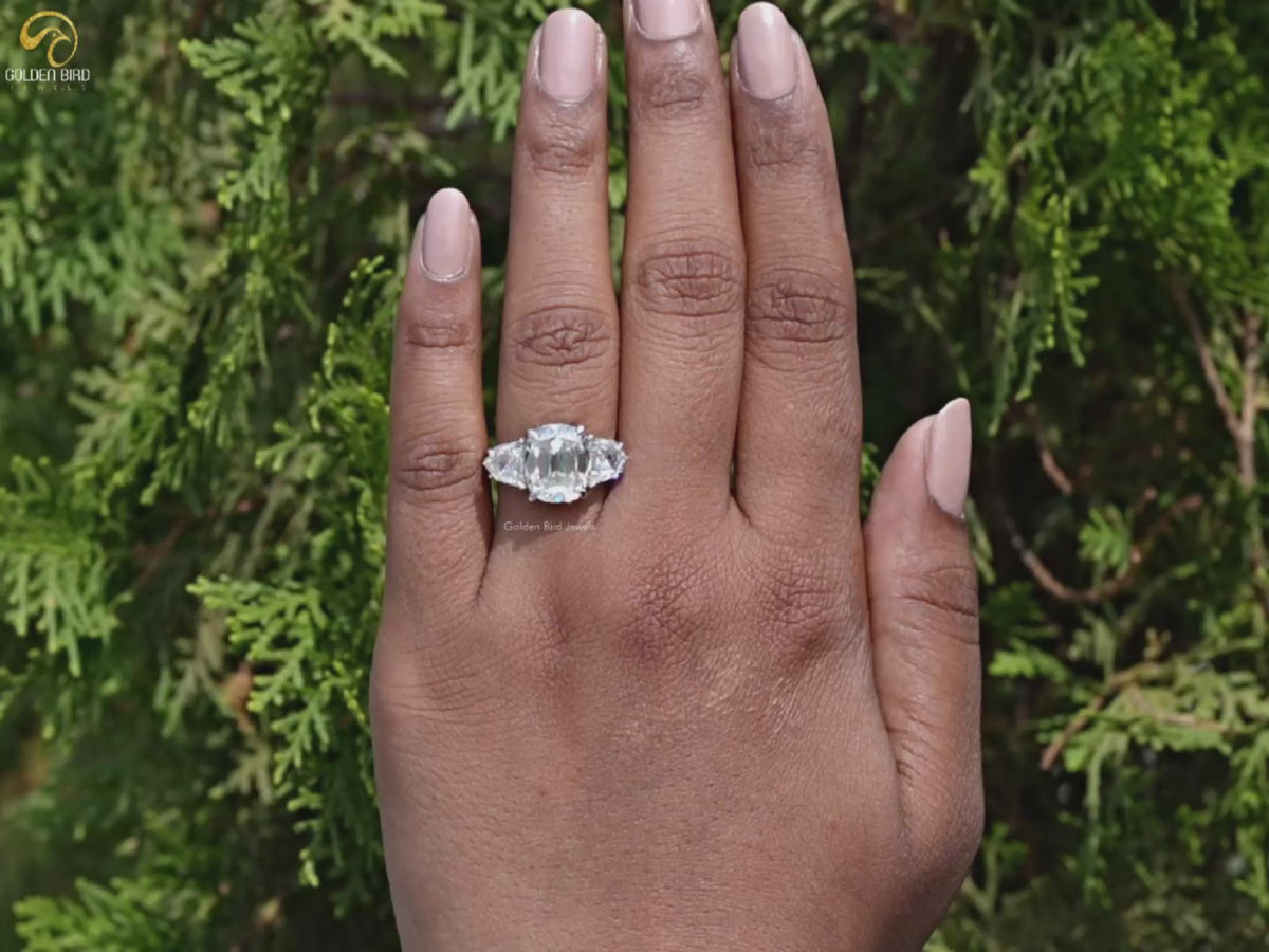 Elongated Old Mine Cushion Moissanite Three Stone Ring