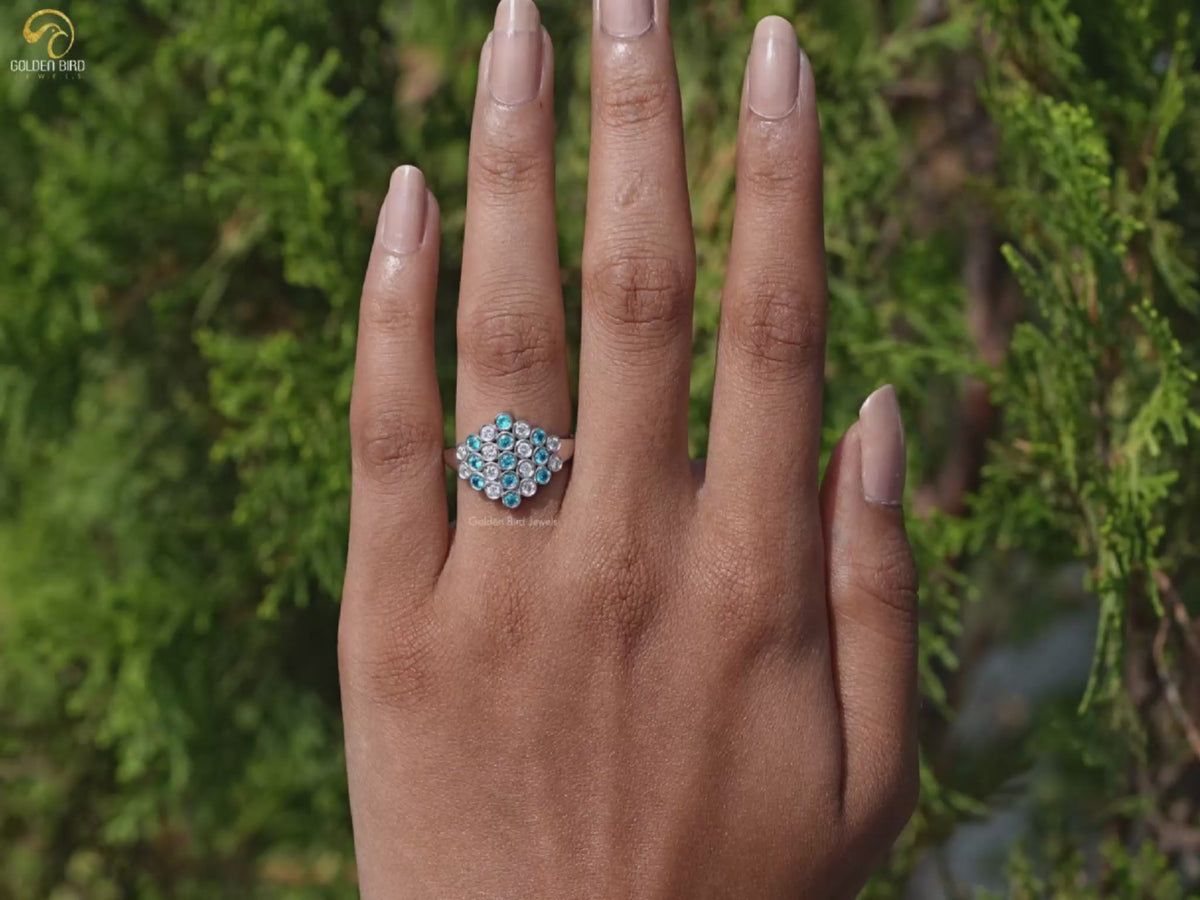 Round Cut Paraiba Gemstone Cluster Engagement Ring