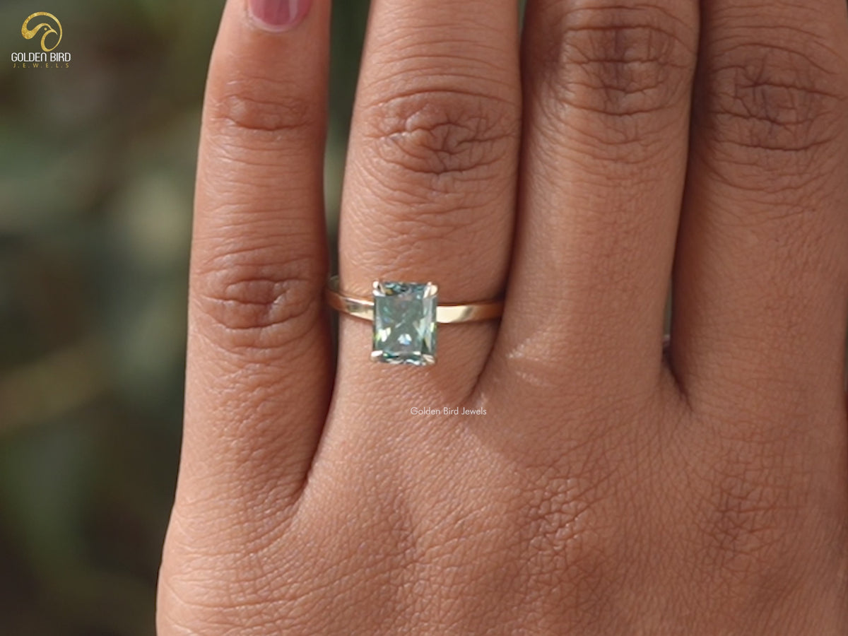 Blue Radiant Cut Solitaire Moissanite Ring