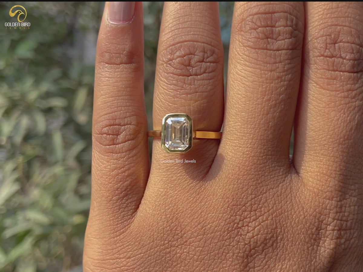 Emerald Cut Moissanite Bezel Set Solitaire Ring