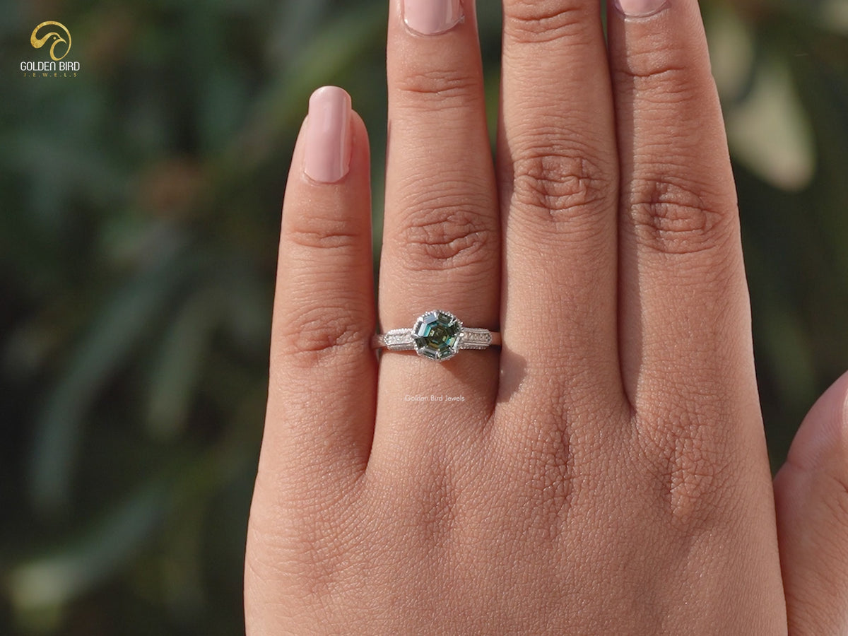 Step Cut Octagon Moissanite Accent Engagement Ring