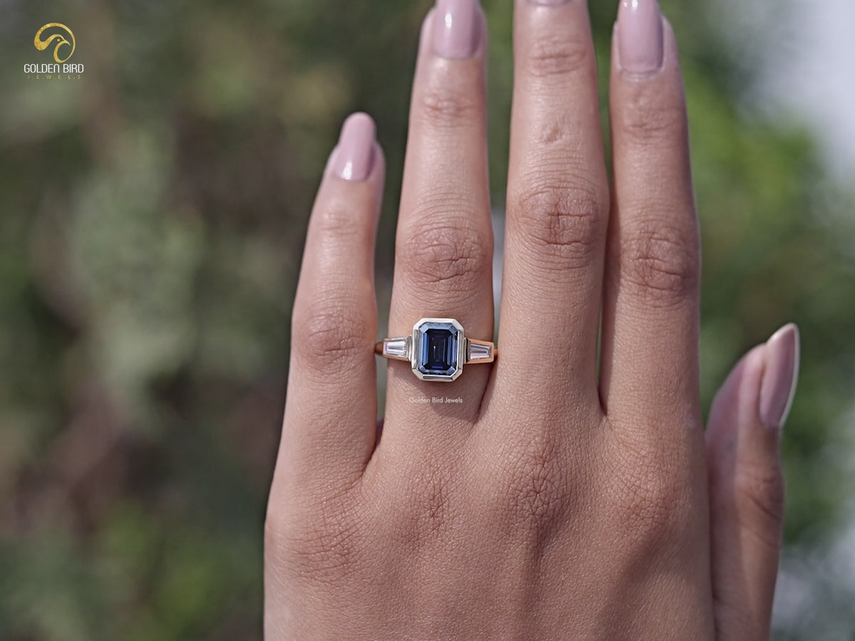Blue Emerald Cut Moissanite Three Stone Ring