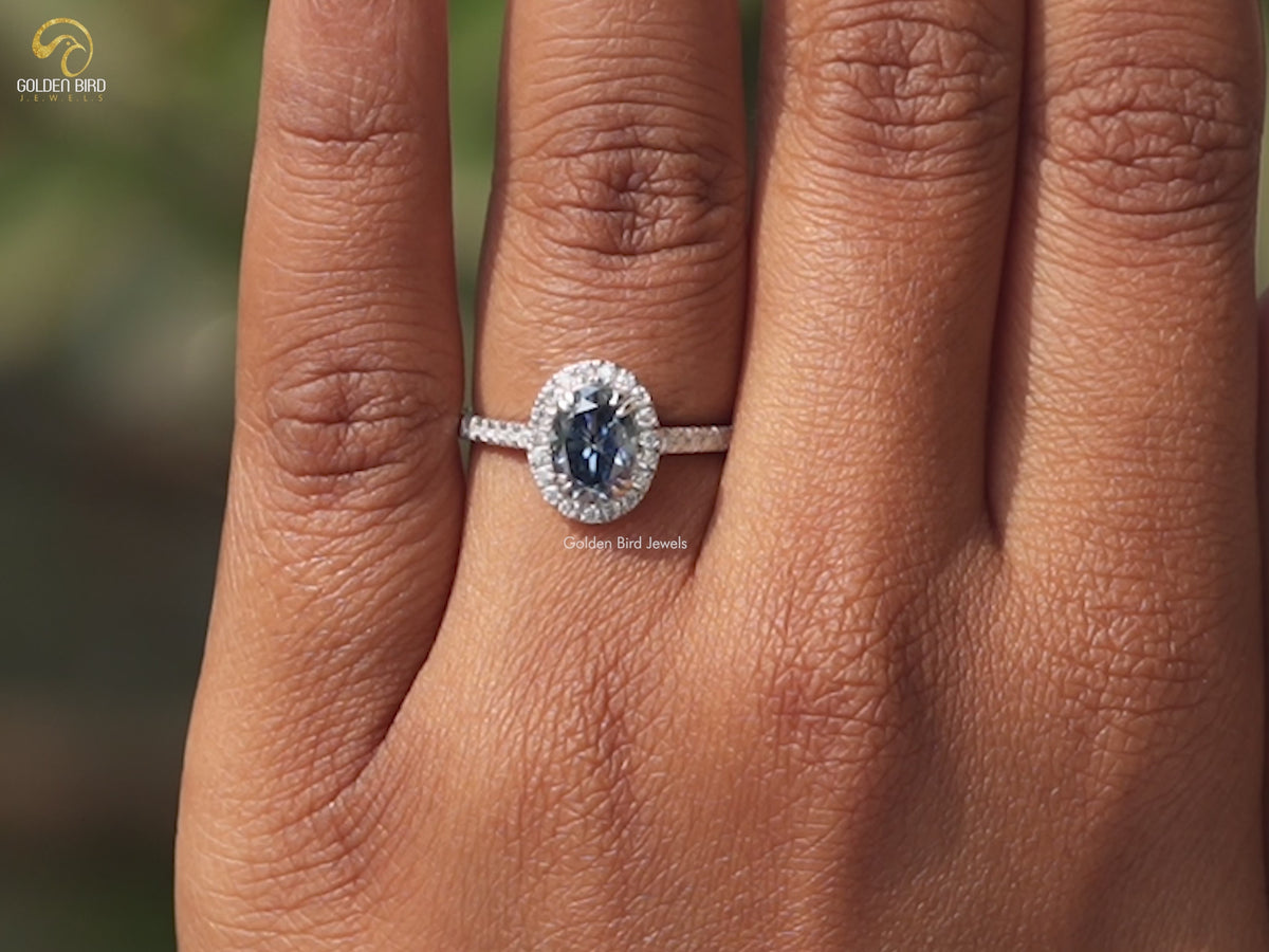 Sapphire Blue Oval Cut Halo Engagement Ring
