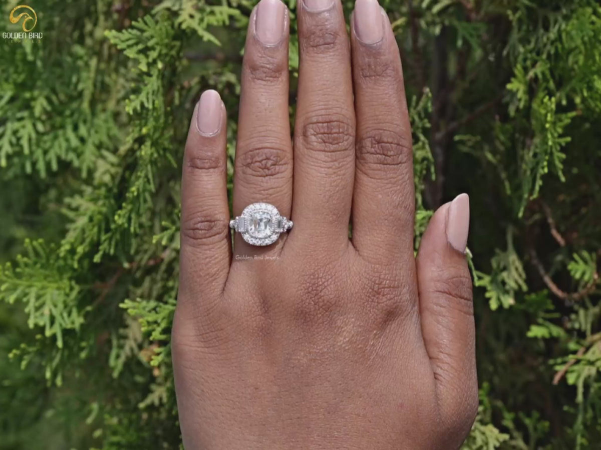 Old Mine Cushion Cut Moissanite Halo Accent Ring