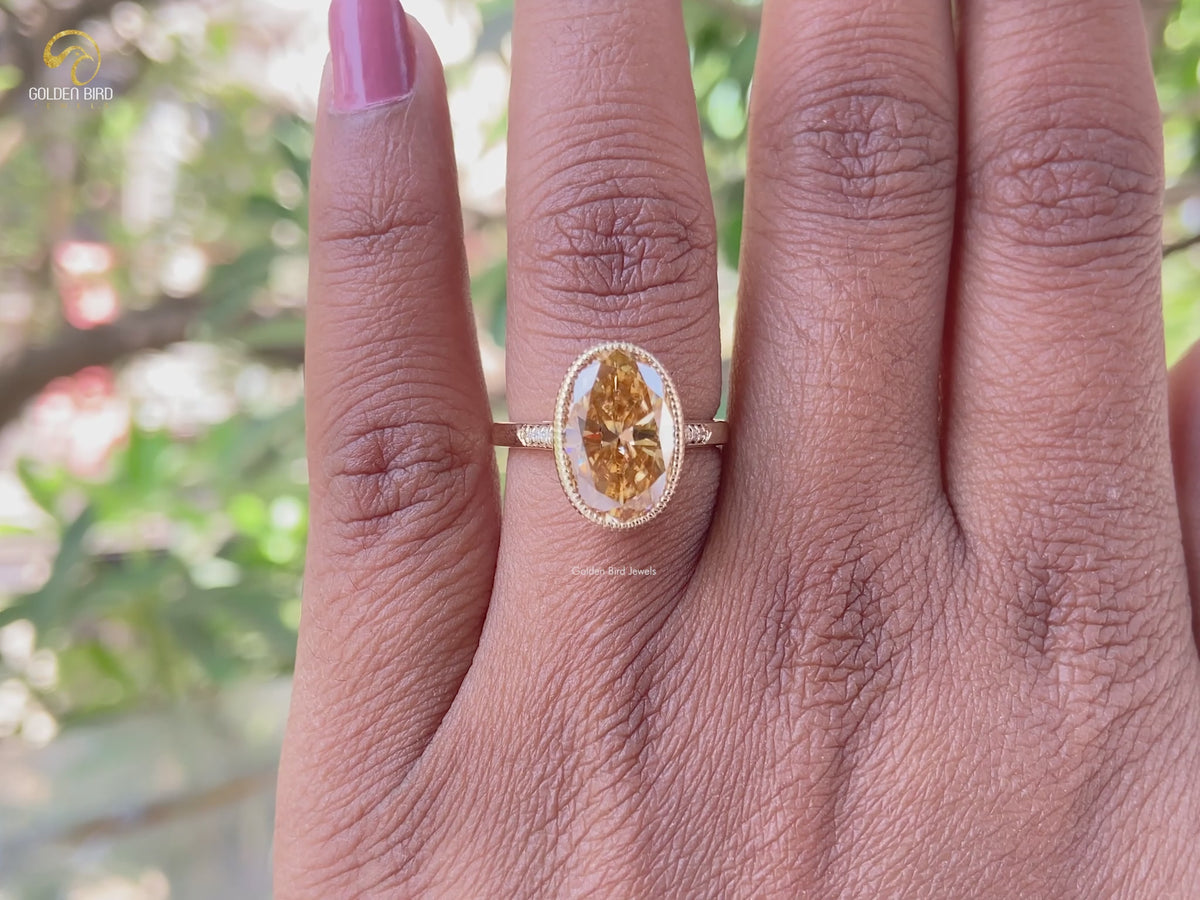 Champagne Oval Cut Solitaire Moissanite Accent Ring