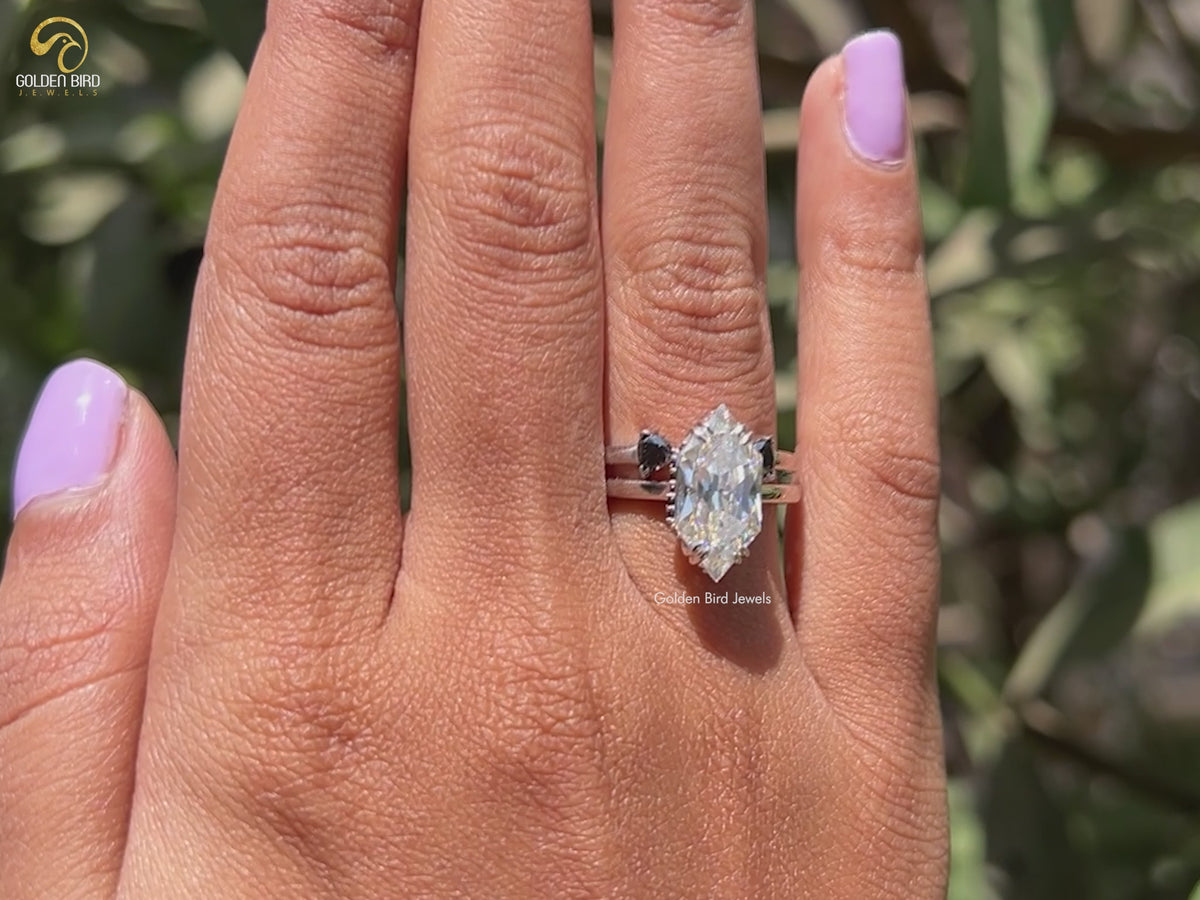 Schwarzes holländisches Marquise-Ringset mit verstecktem Heiligenschein und Billionen