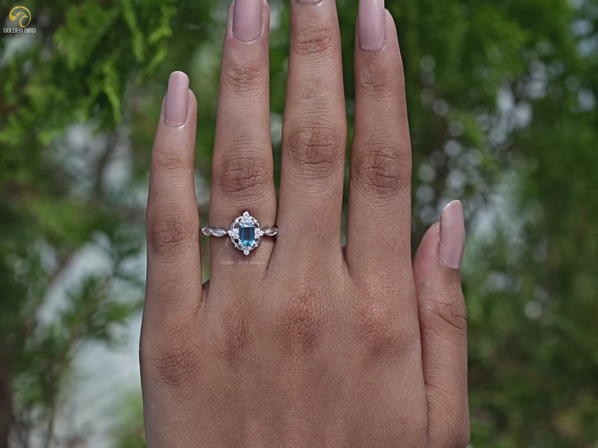 Emerald London Blue Topaz Gemstone Halo Ring