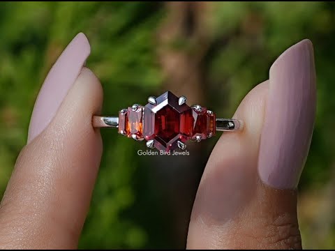 Red Ruby Hexagon Cut Gemstone 5 Stone Ring