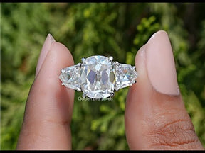 Elongated Old Mine Cushion Moissanite Three Stone Ring