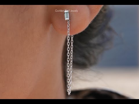 [Baguette Cut Moissanite Dangle Chain Earrings]-[Golden Bird Jewels]