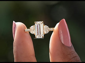 [YouTube Video Of Moissanite Long Emerald Cut Three Stone Engagement Ring]-[Golden Bird Jewels]