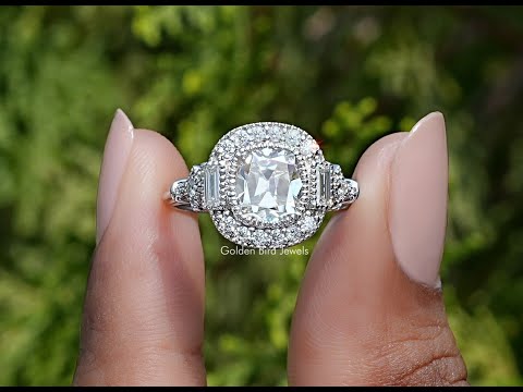 Old Mine Cushion Cut Moissanite Halo Accent Ring