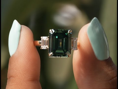 [YouTube Video Of Green Emerald Cut Three Stone Ring]-[Golden Bird Jewels]