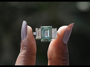 [YouTube Video Of Emerald Cut Moissanite 3 Stone Ring]-[Golden Bird Jewels]