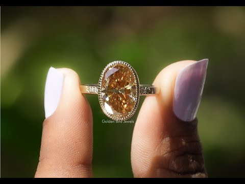 [Champagne Oval Cut Solitaire Moissanite Accent Ring]-[Golden Bird Jewels]