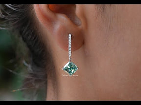 Cushion Cut Blue Green Moissanite Drop Dangle Earrings