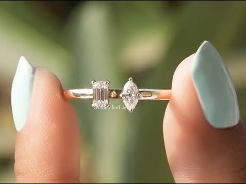 Marquise And Emerald Moissanite Two Stone Open Ring