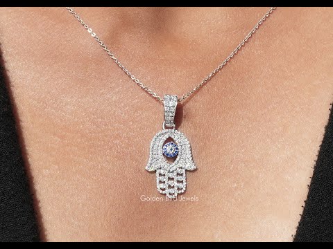 [YouTube Video Of Round Cut Moissanite Hamsa Evil Eye Pendant]-[Golden Bird Jewels]