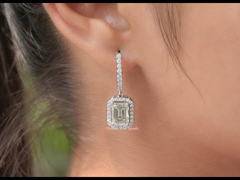 Emerald Cut Halo Moissanite Dangle Drop Earrings