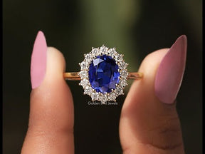 Sapphire Blue Oval Cut Halo Engagement Ring