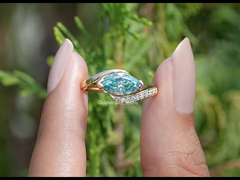 East West Blue Marquise Moissanite Bypass Ring