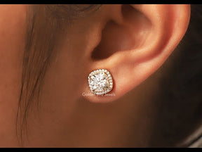 Cushion Cut Moissanite Halo Studs Earrings