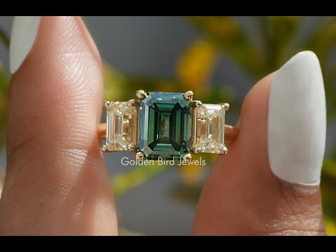 [YouTube Video Of Emerald Cut Moissanite 3 Stone Ring]-[Golden Bird Jewels]