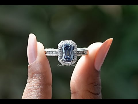 Criss Cut Sapphire Blue Moissanite Double Halo Ring