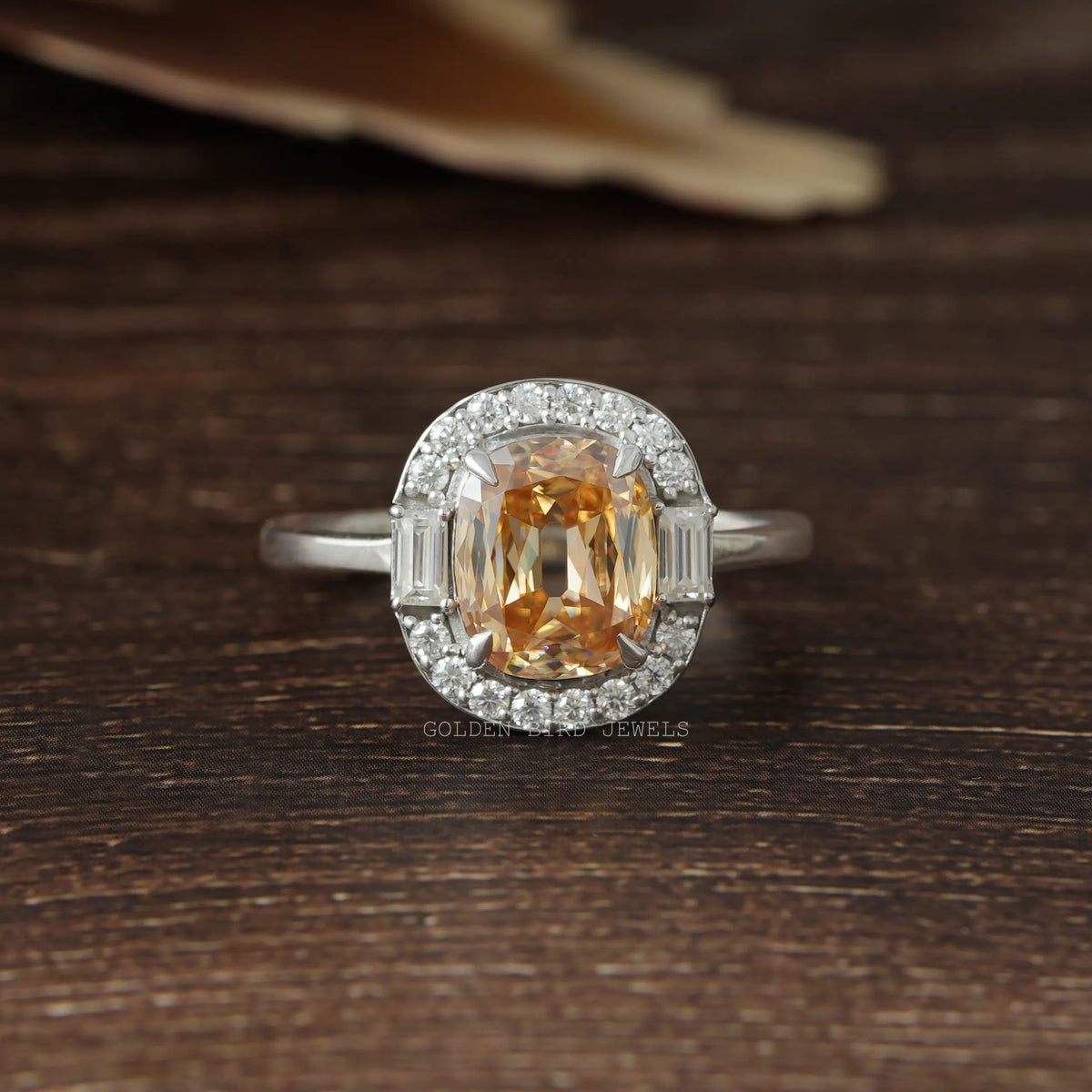 [Champagne criss cut cushion moissanite halo ring]-[Golden Bird Jewels]