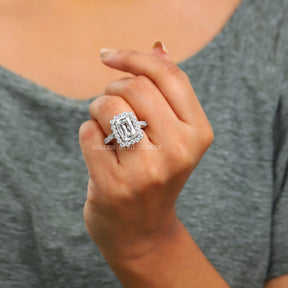 Criss Cut Moissanite Cluster Halo Engagement Ring In Finger