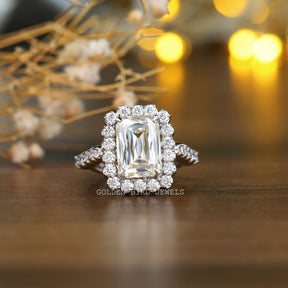 View of Criss Cut Moissanite Halo Engagement Ring In White Gold 