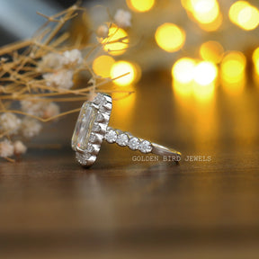 Detailed View of Criss Cut Moissanite Halo Engagement Ring In White Gold