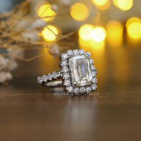 Detailed View of Criss Cut Moissanite Cluster Halo Ring In White Gold