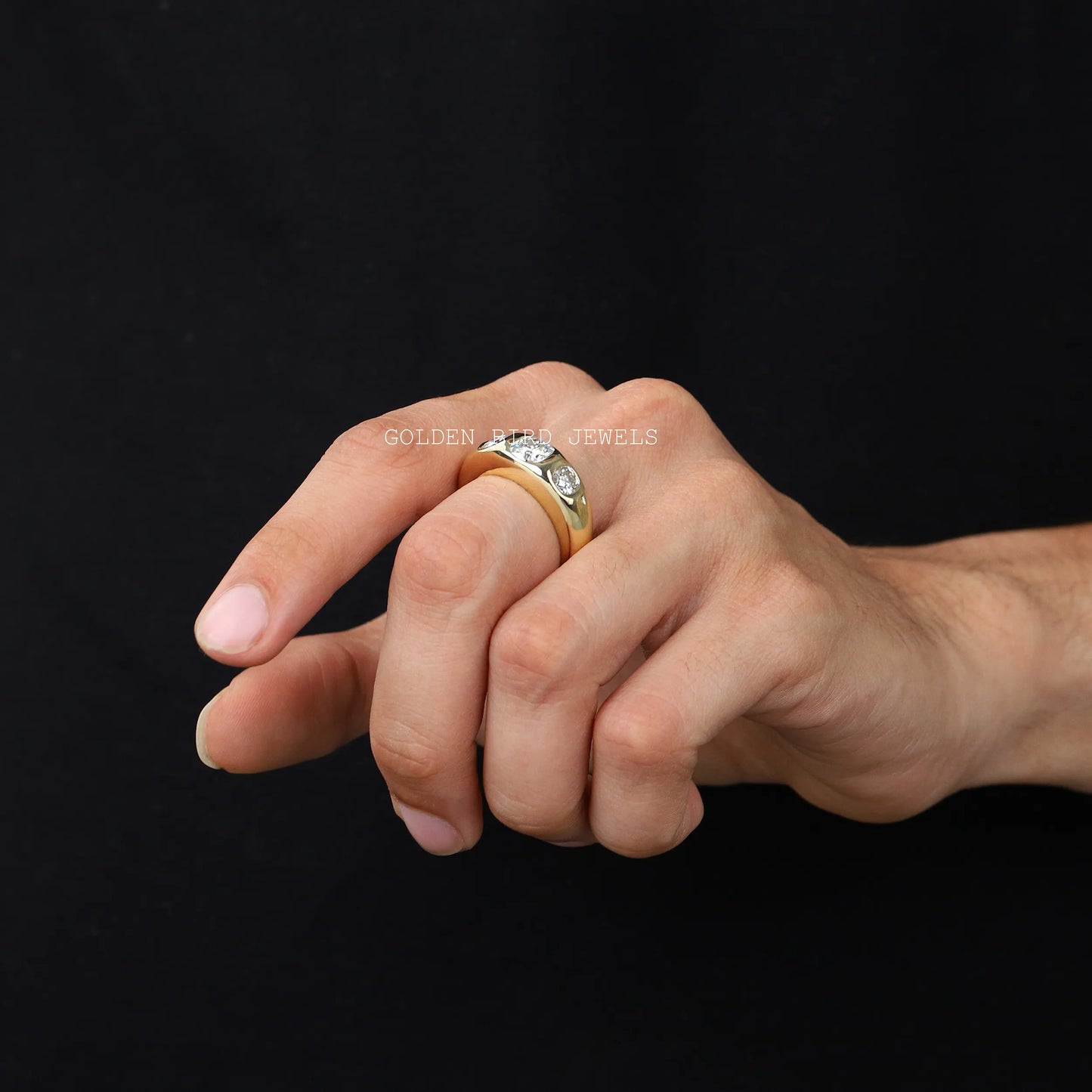 In Finger Side View Of Cushion Cut Moissanite Three Stone Ring