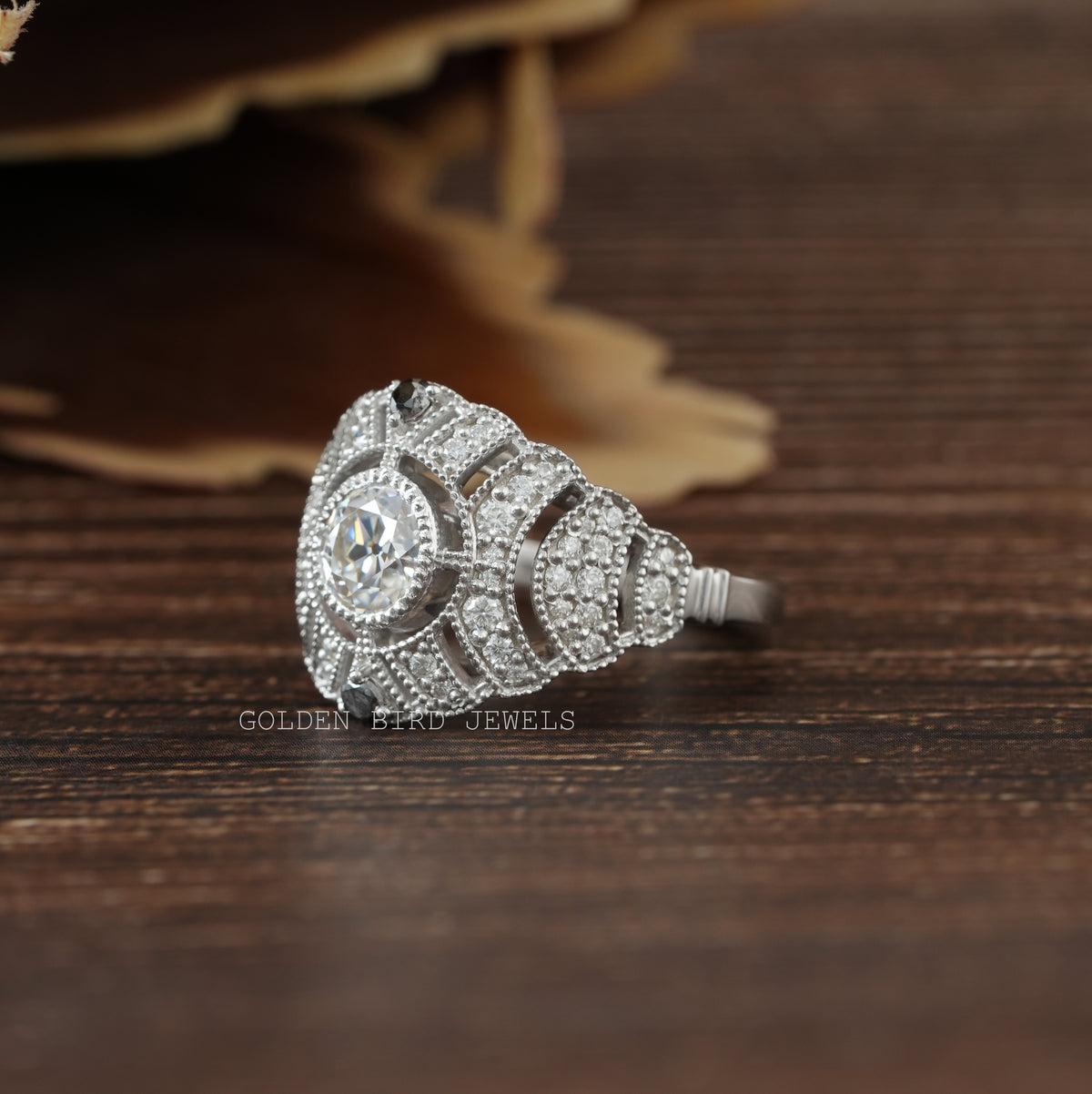 [Moissanite Old European Round Cut Art Deco Ring]-[Golden Bird Jewels]