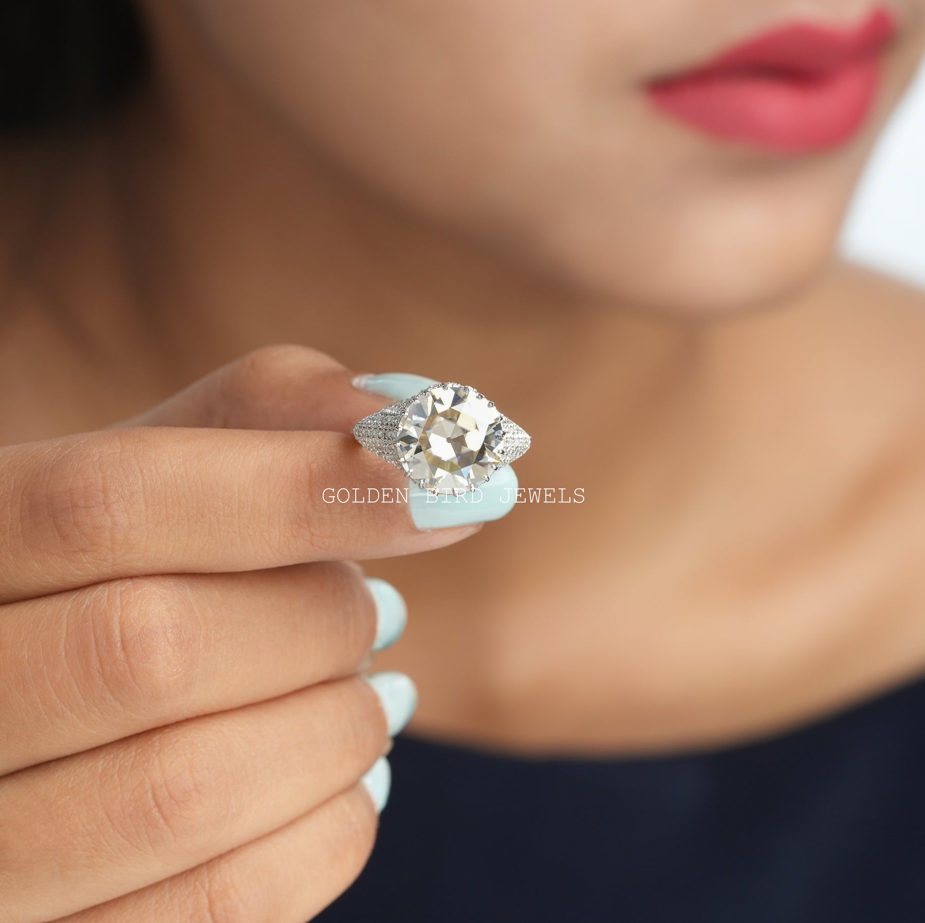 [OEC Round Cut Moissanite Ring In 14K White Gold]-[Golden Bird Jewels]