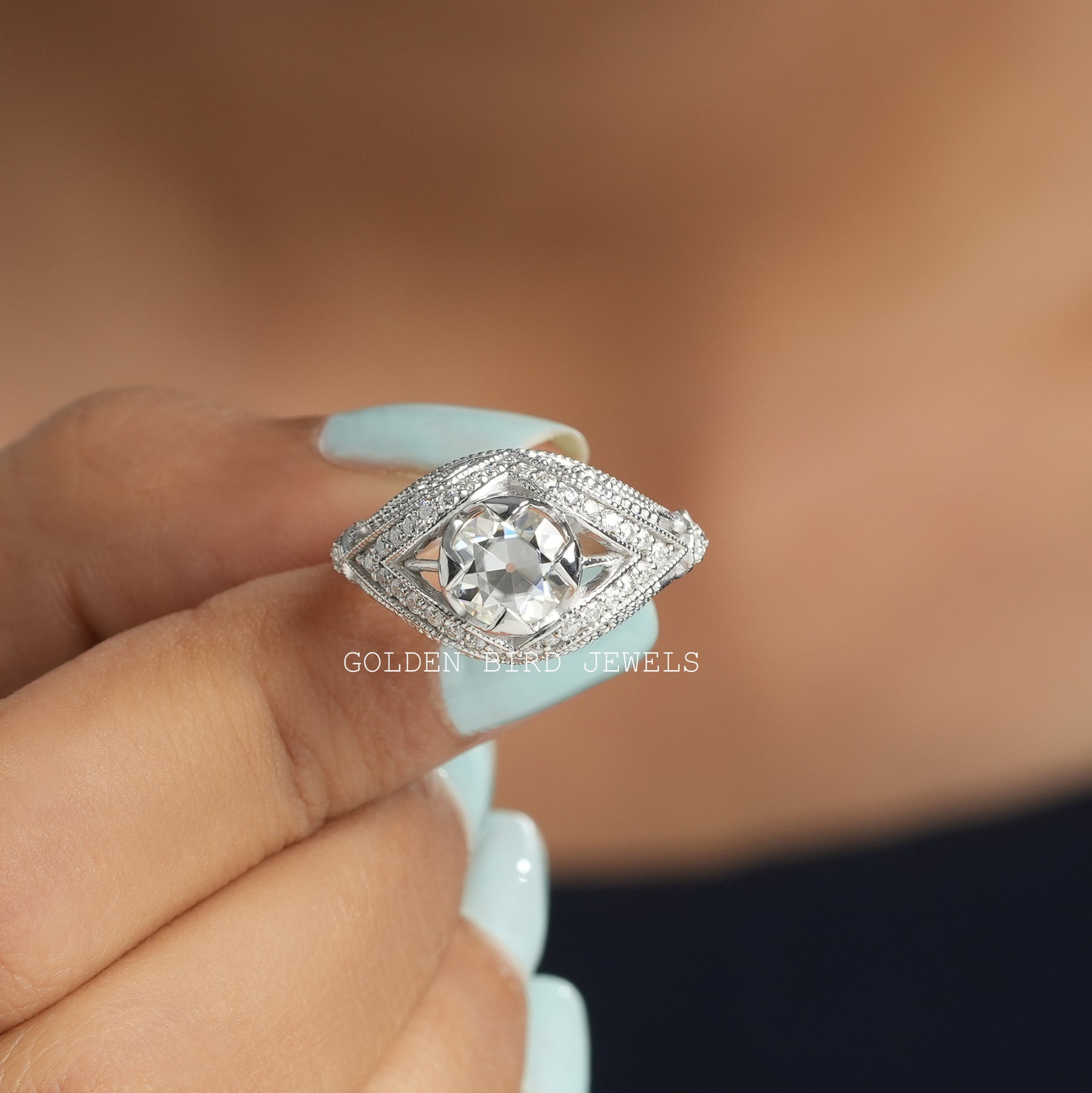 [Art Deco Moissanite Round Cut Ring]-[Golden Bird Jewels]